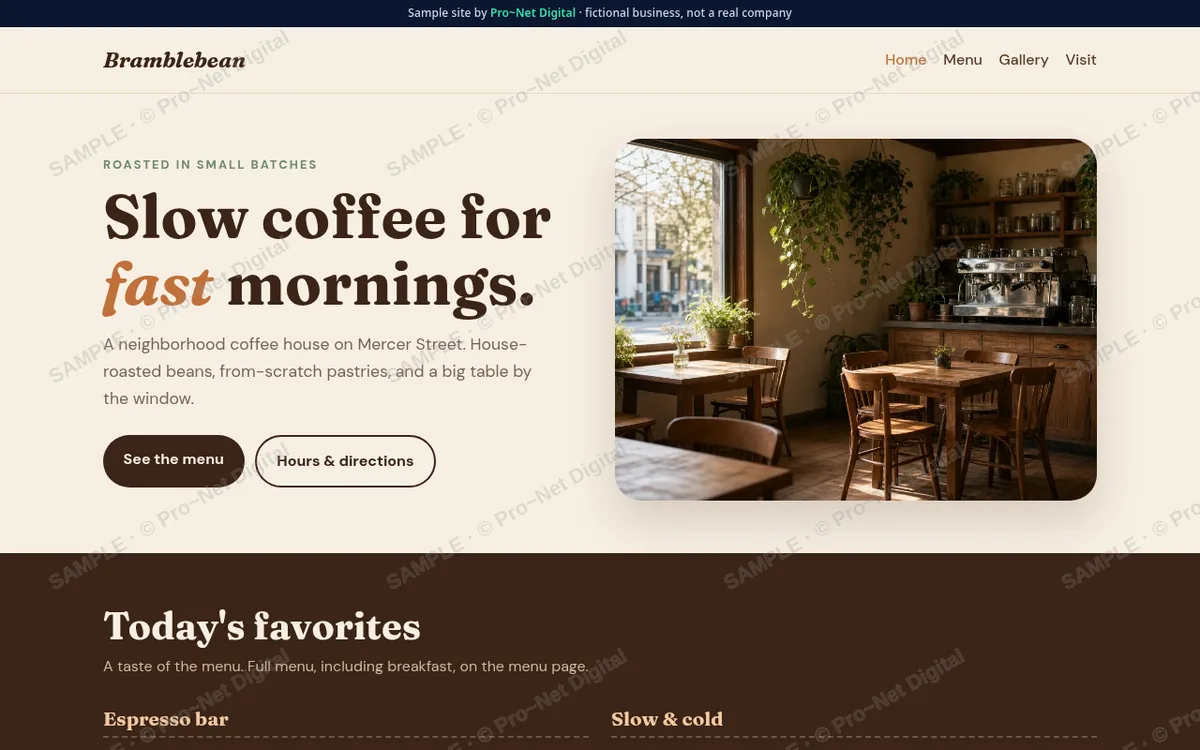Watermarked screenshot of the Bramblebean Coffee House sample site on desktop