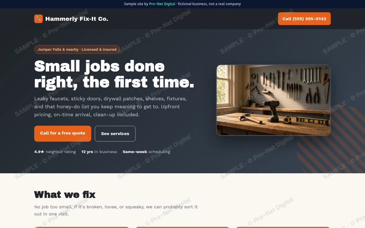 Watermarked screenshot of the Hammerly Fix-It Co. sample site on desktop