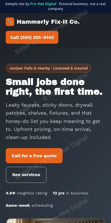 Watermarked screenshot of the Hammerly Fix-It Co. sample site on a phone