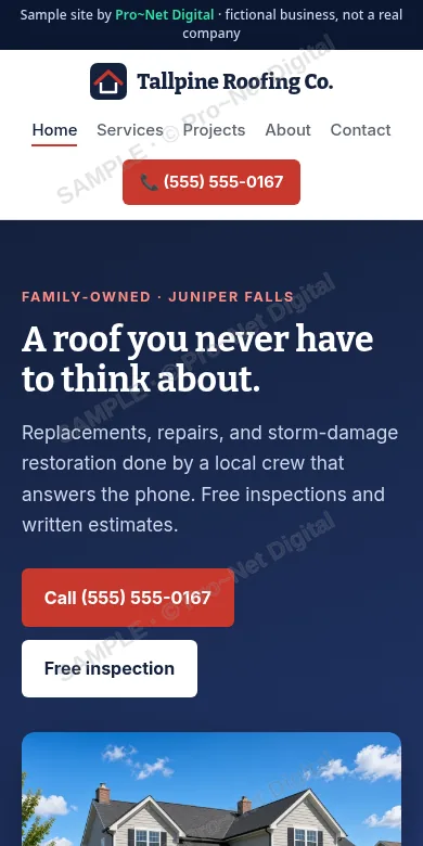 Watermarked screenshot of the Tallpine Roofing Co. sample site on a phone