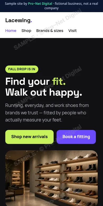 Watermarked screenshot of the Lacewing Shoe Co. sample site on a phone
